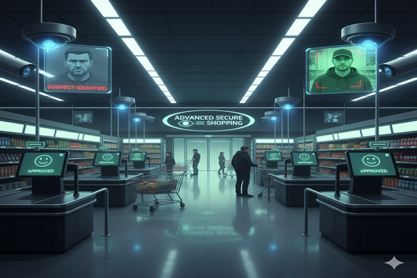 Ilustração de um supermercado moderno com tecnologia e segurança